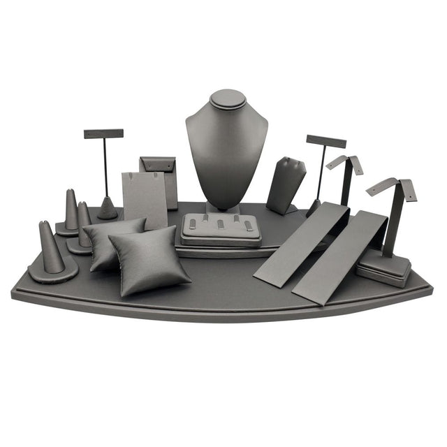18 Piece Steel Grey Leatherette Jewelry Display Set Stand