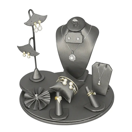 9 Piece Steel Grey Leatherette Jewelry Display Set