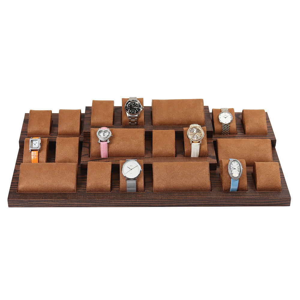 Brown Suede & Wood Base Watch Display Set - Holds 24 Pieces