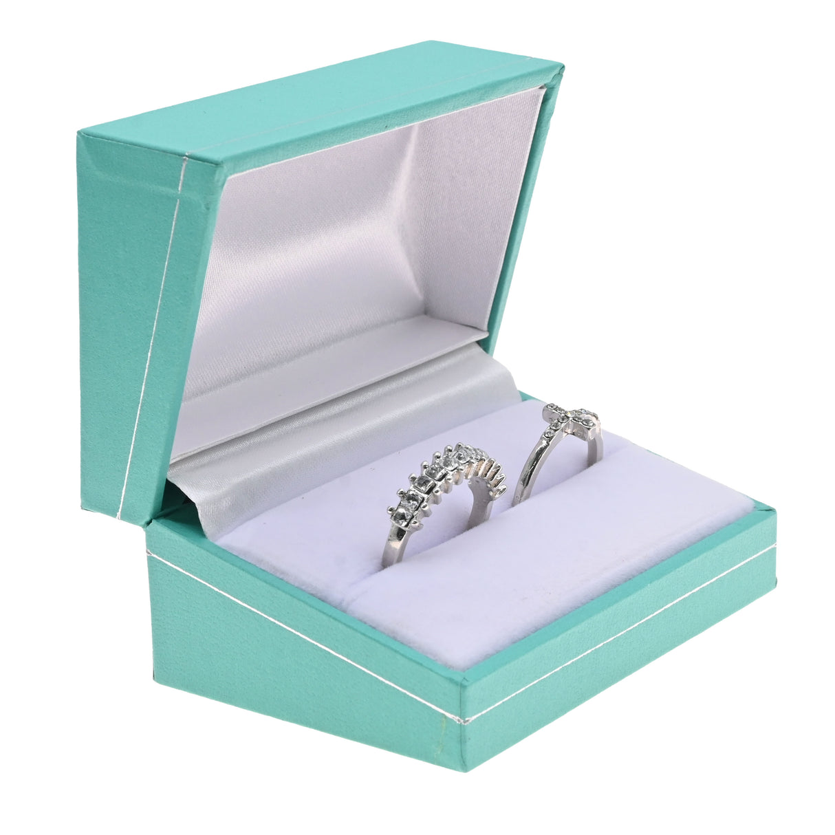 Teal Leatherette Double Ring Box with Silver Trim - Pack of 12