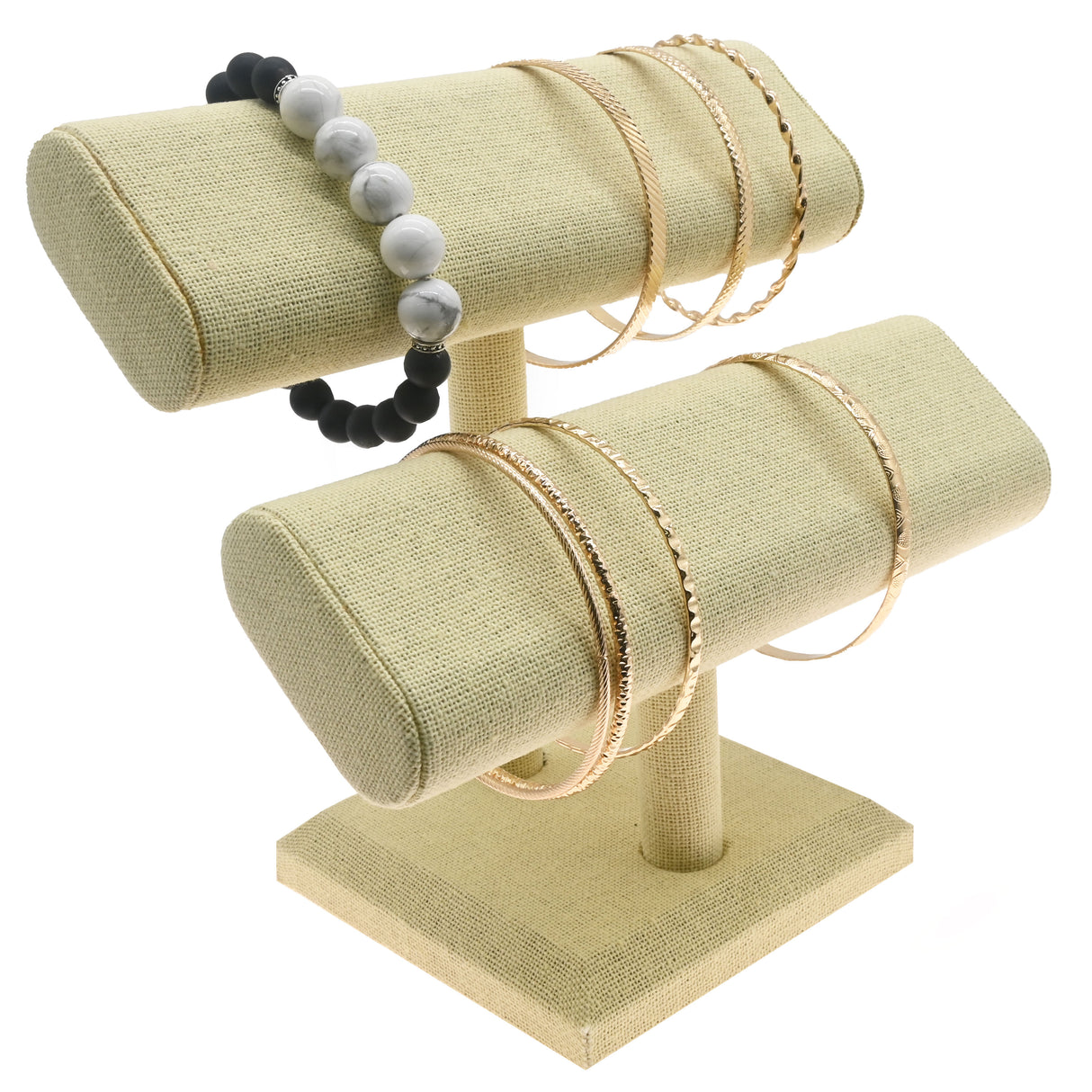 Tan Linen Dual Oval Jewelry Bracelet / Watch T-Bar Stand