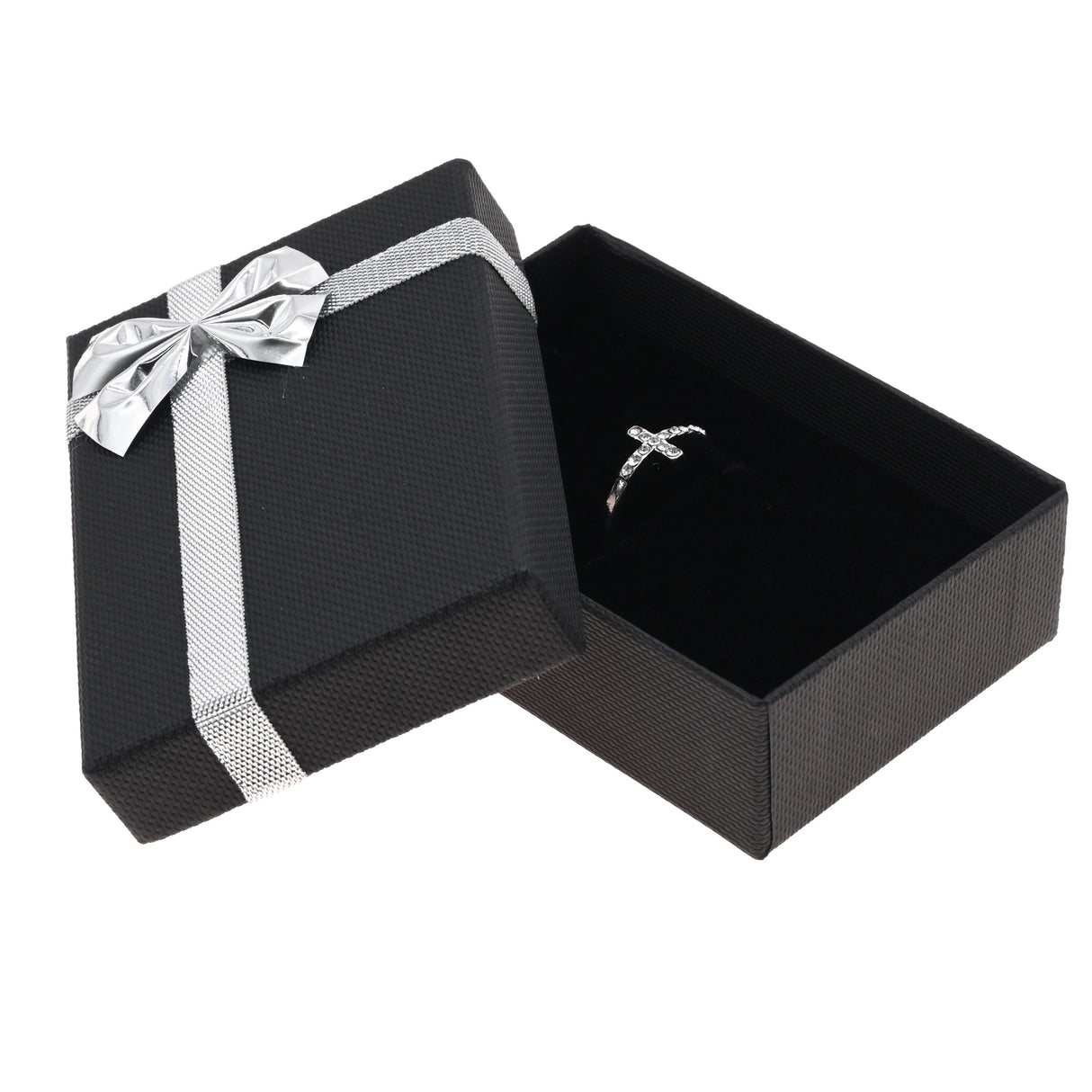 Black Paper Silver Bow-Tie Jewelry Pendant and Ring Combination Boxes