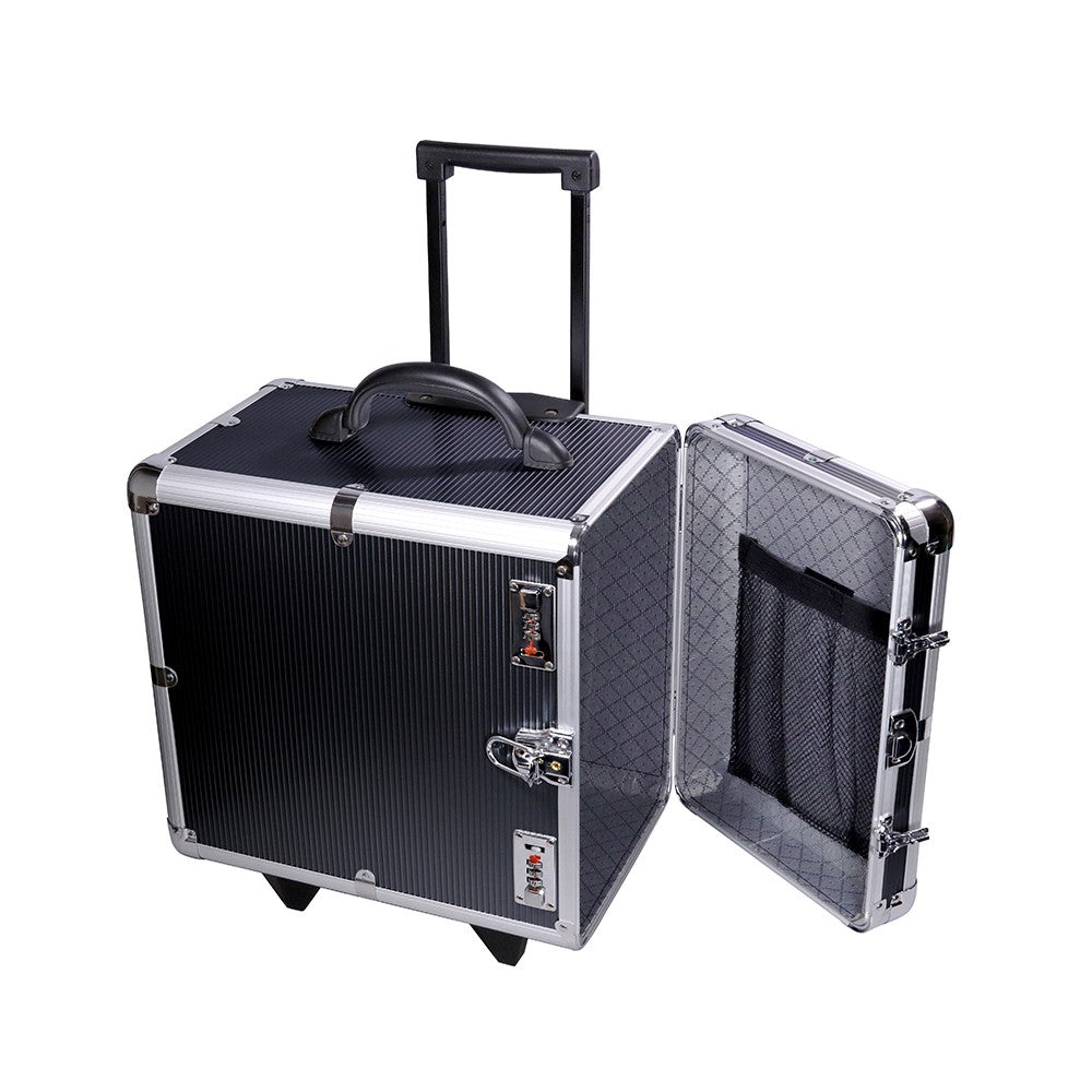 Black Aluminum Heavy Duty Jewelry Tray Carrying Case with Wheels, Holds 12 1" Trays