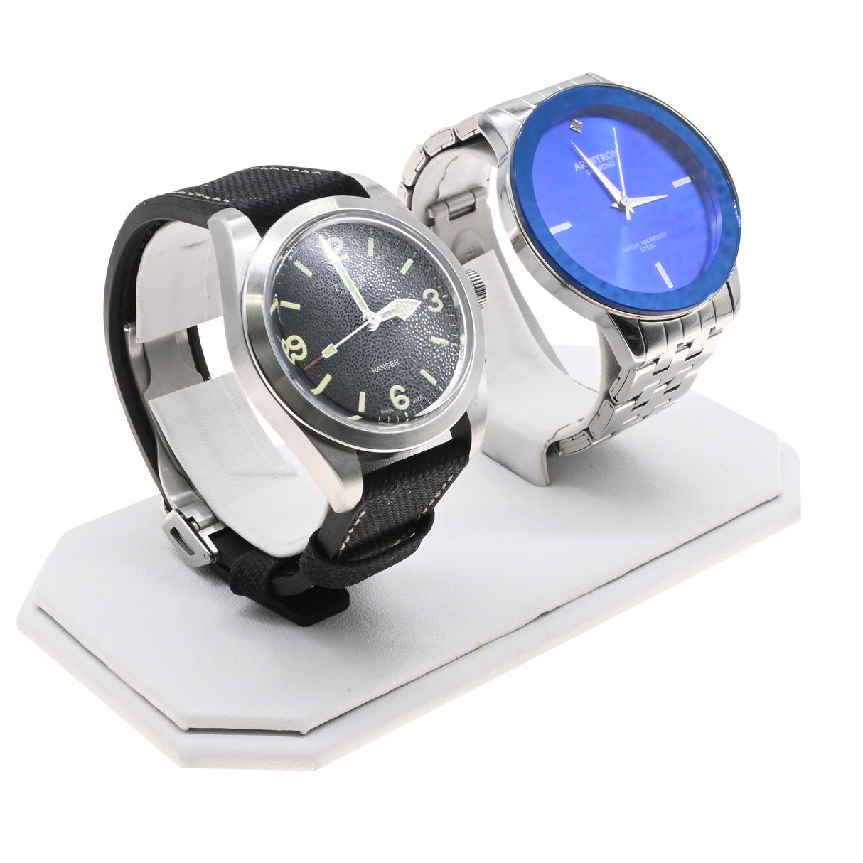 White Leatherette Dual Watch Display Stand - Holds 2 Pieces