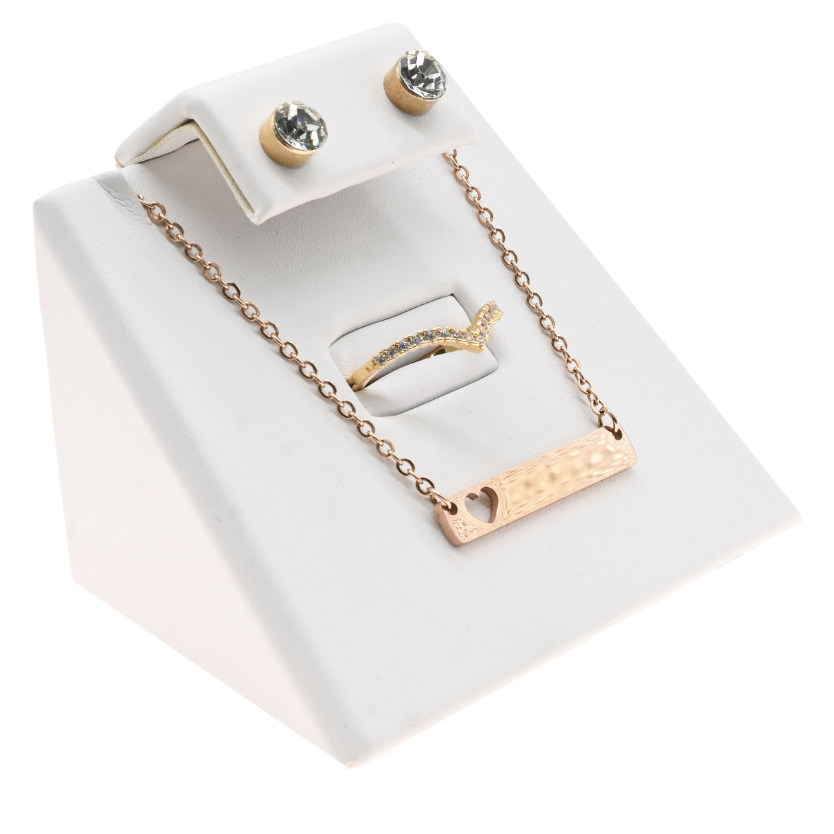 White Leatherette Jewelry Ring, Pendant, and Earring Combination Stand