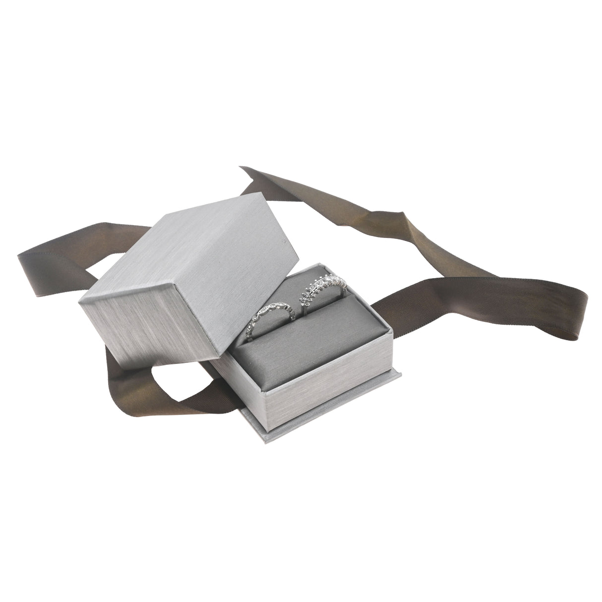 Steel Grey Leatherette Ring Boxes with Brown Bow Ribbon - Pack of 12