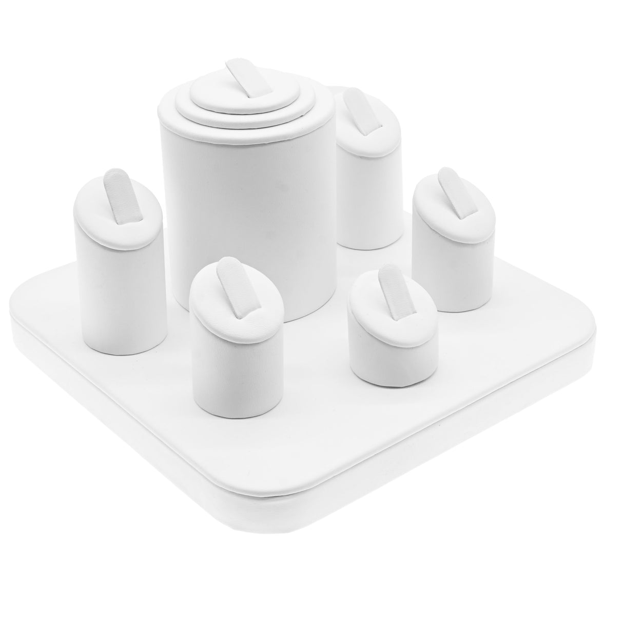 White Leatherette Jewelry Ring Display Stand, Holds 6 Rings