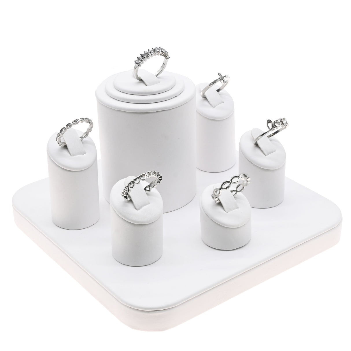 White Leatherette Jewelry Ring Display Stand, Holds 6 Rings