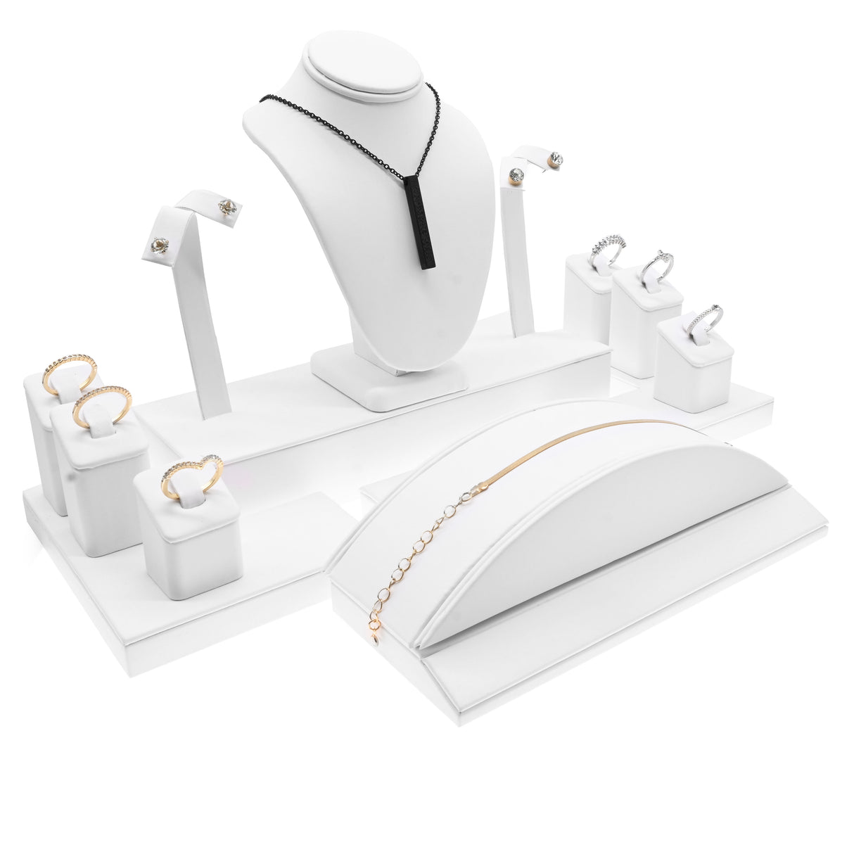 White Leatherette Jewelry Showcase Display Set – 10 Piece