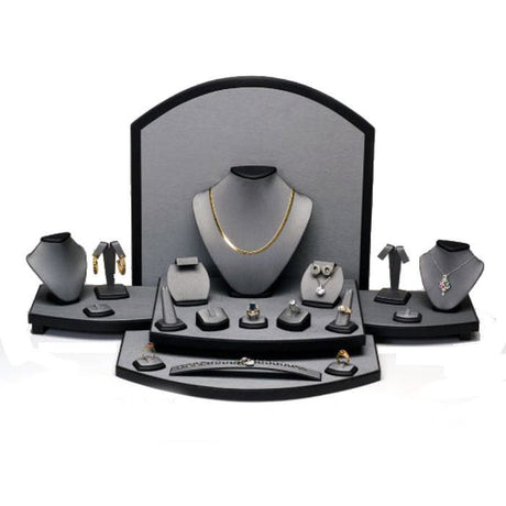 22-Piece Steel Grey & Black Leatherette Jewelry Showcase Display Set