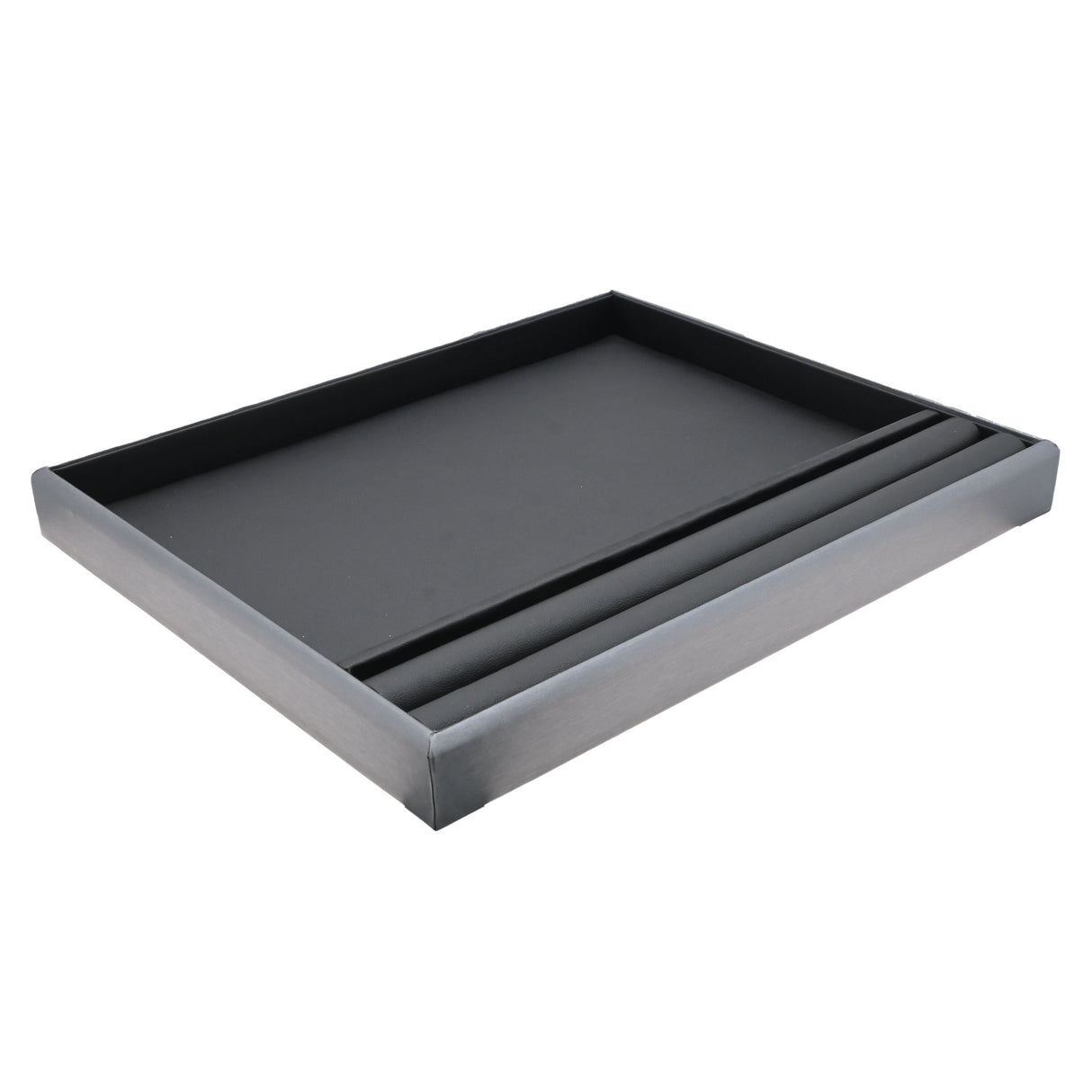 Black Leatherette Flat Tray with Section for Rings - Steel Grey Trim
