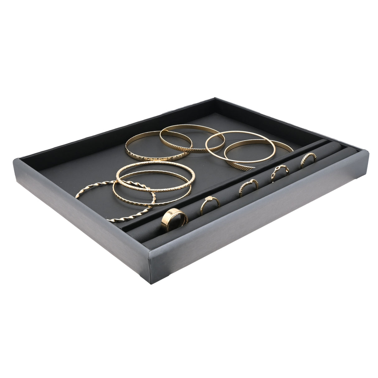 Black Leatherette Flat Tray with Section for Rings - Steel Grey Trim
