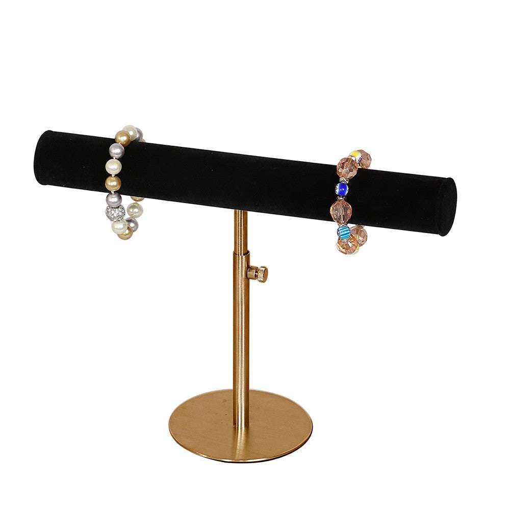 Black Velvet Jewelry Bracelet T-Bar Display Stand With Gold Adjustable Base - 8" ~ 11" Tall