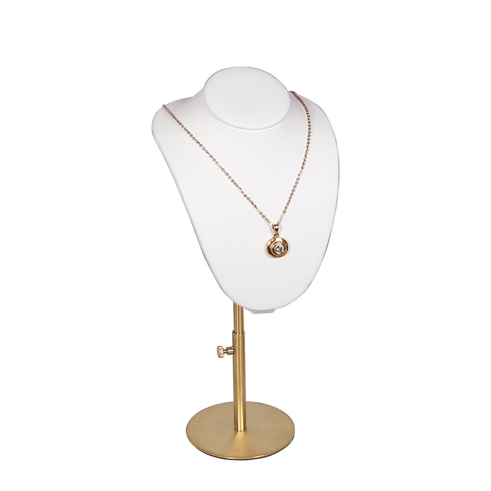 White Leatherette Necklace Bust With Adjustable Gold Metal Base - 11" ~ 14" Tall