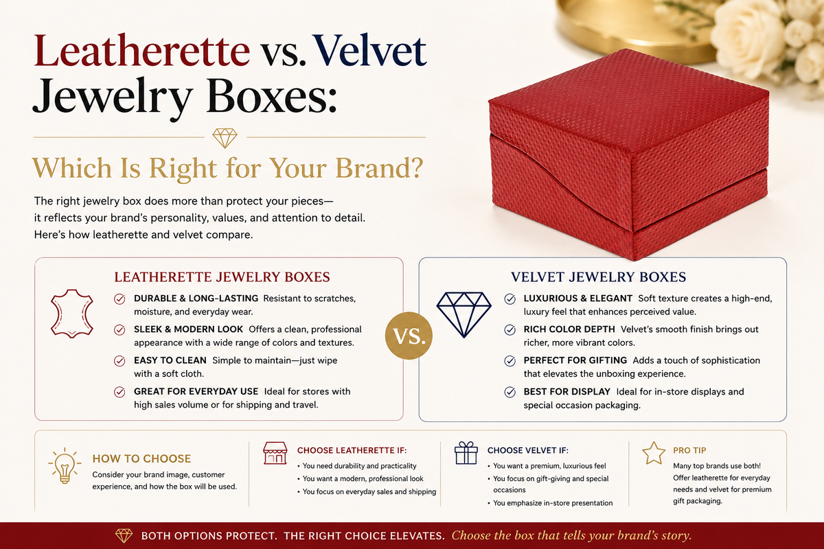 Leatherette vs. Velvet Jewelry Boxes: Which Is Right for Your Brand?
