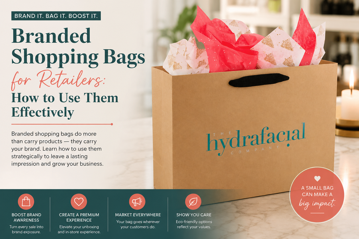 Branded retail shopping bags with ribbon handles displayed in a jewelry store setting