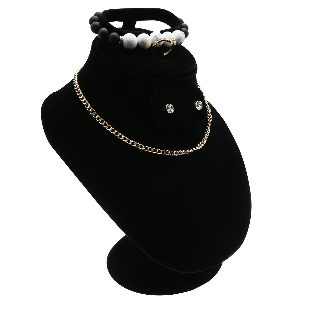 Black Velvet Necklace Bust Combination Stand - Watch, Ring & Earring Display