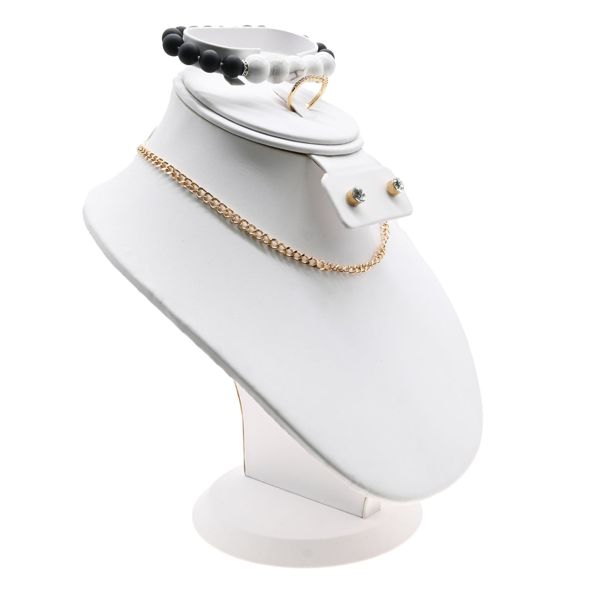 White Leatherette Jewelry Earring / Ring / Necklace / Bracelet Combination Bust