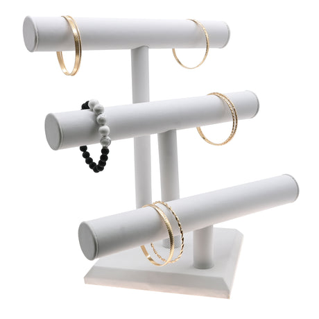 White Leatherette 3 Tier Jewelry Display T-Bar Stand