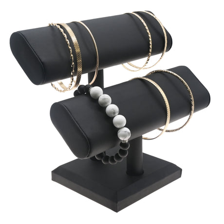 Black Leatherette 2-Tier Oval T Bar Display Stand - Bracelet & Watch