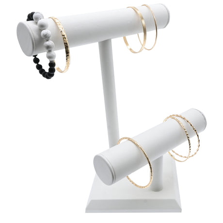 White Leatherette 2 Tier Jewelry T-Bar Display Stand