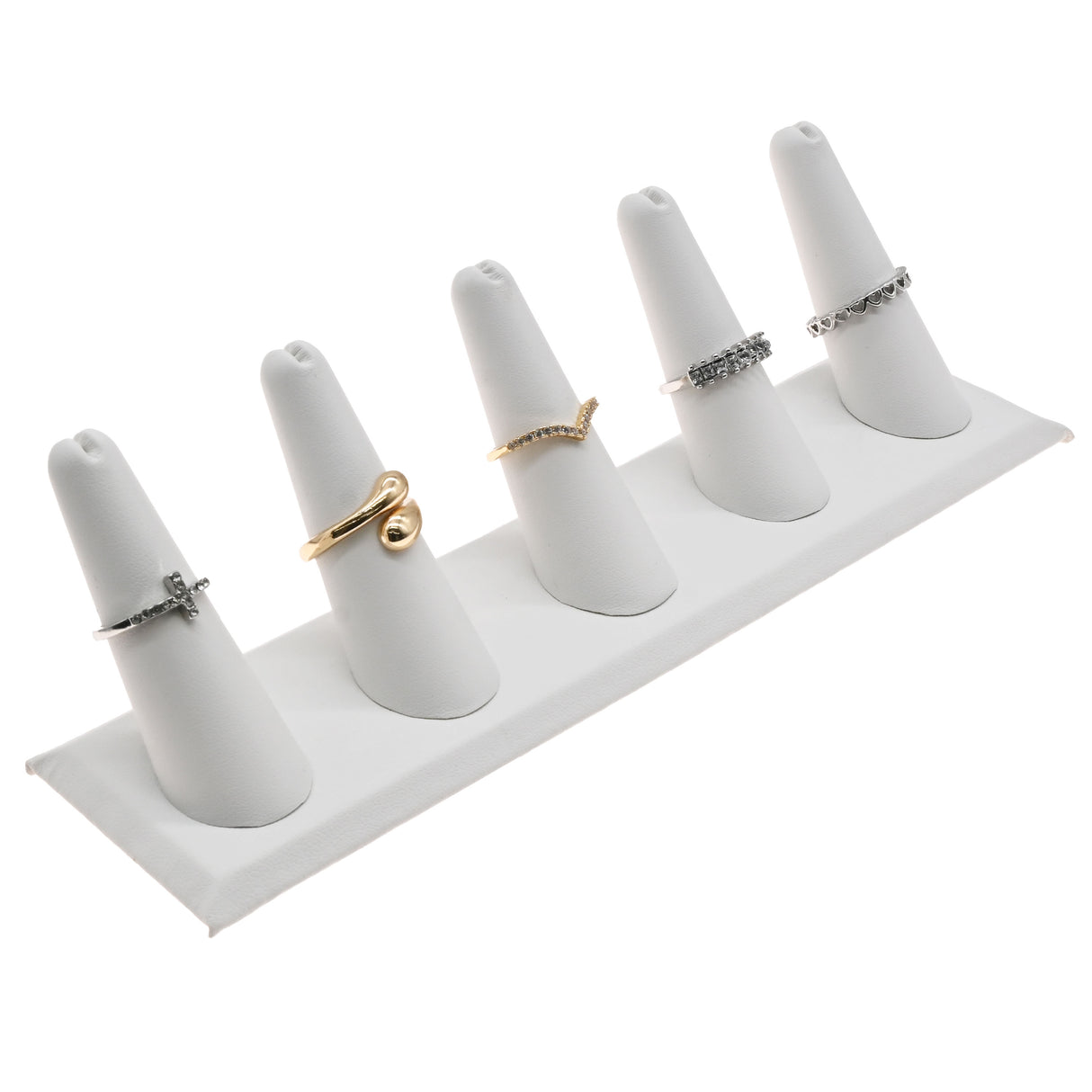 White Leatherette 5 Finger Jewelry Ring Display Stand