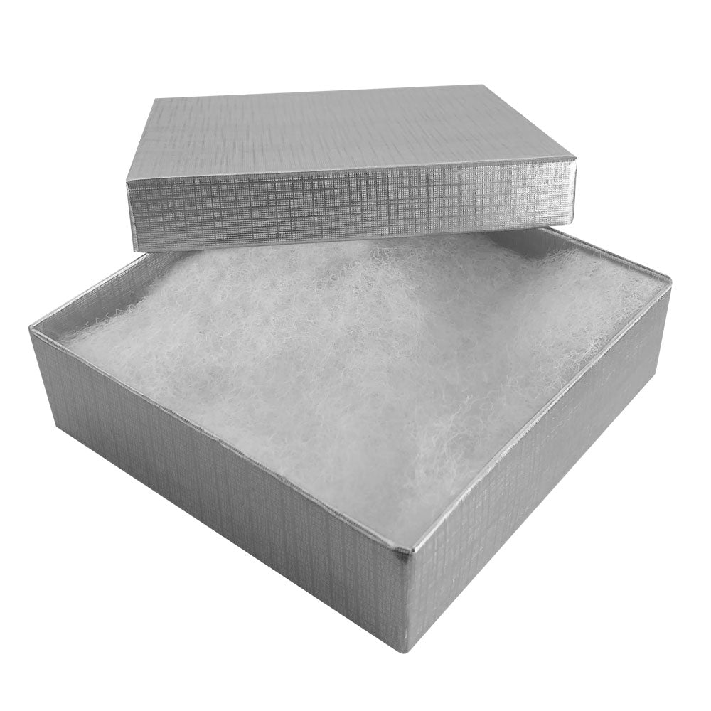 Silver Linen Pattern Paper Cotton Filled Jewelry Gift Boxes #33