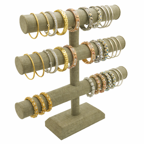 Grey Linen 3 Tier Jewelry Bracelet / Watch T Bar Stand