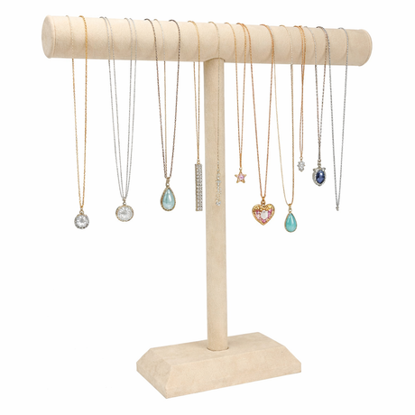 Tall Beige Faux Suede Necklace T-Bar Display Stand - 18" H