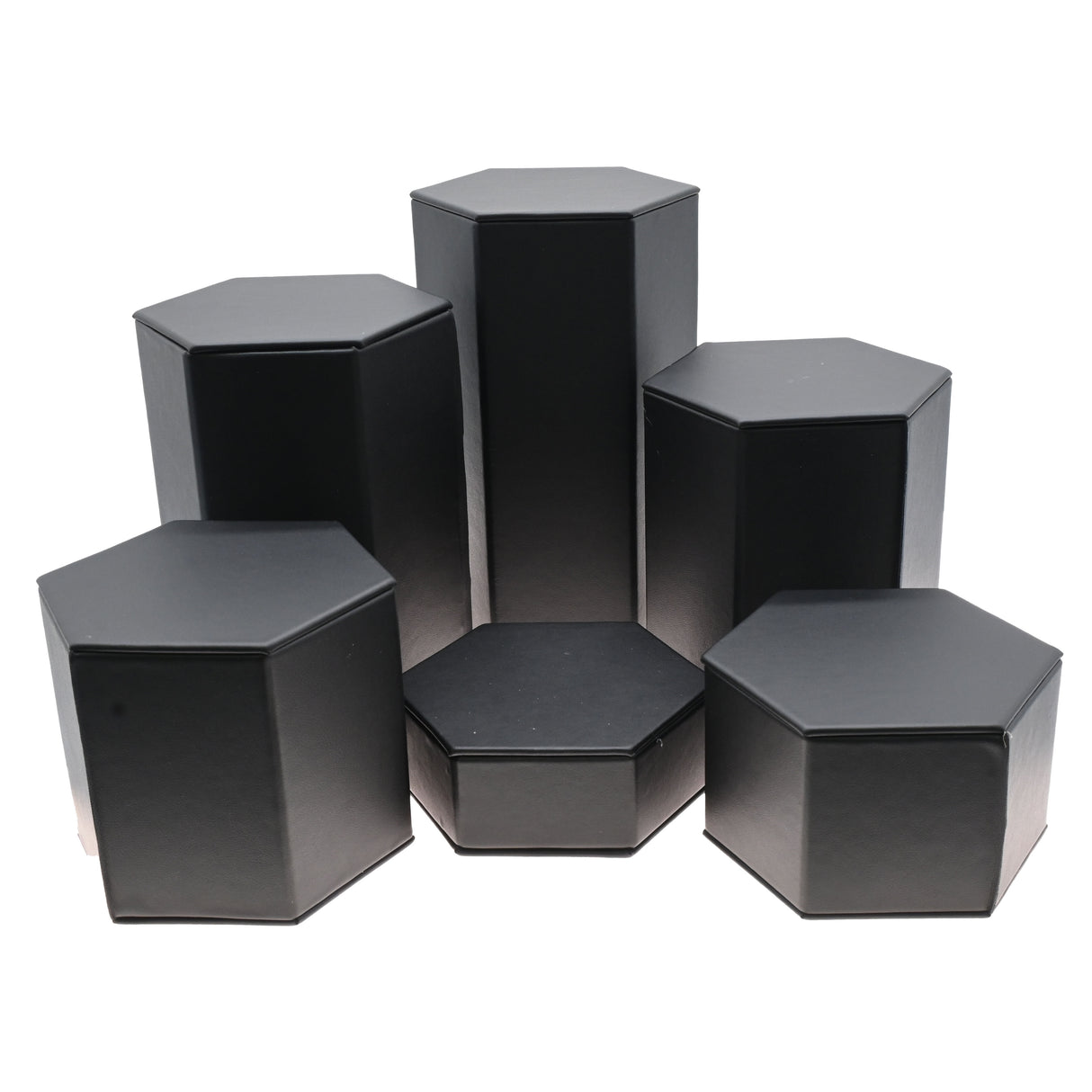 Black Leatherette 6 Piece Hexagon Riser Set - 6 Different Heights