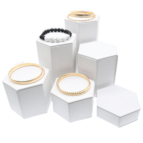 6 Piece White Leatherette Jewelry Display Set Riser Shelf