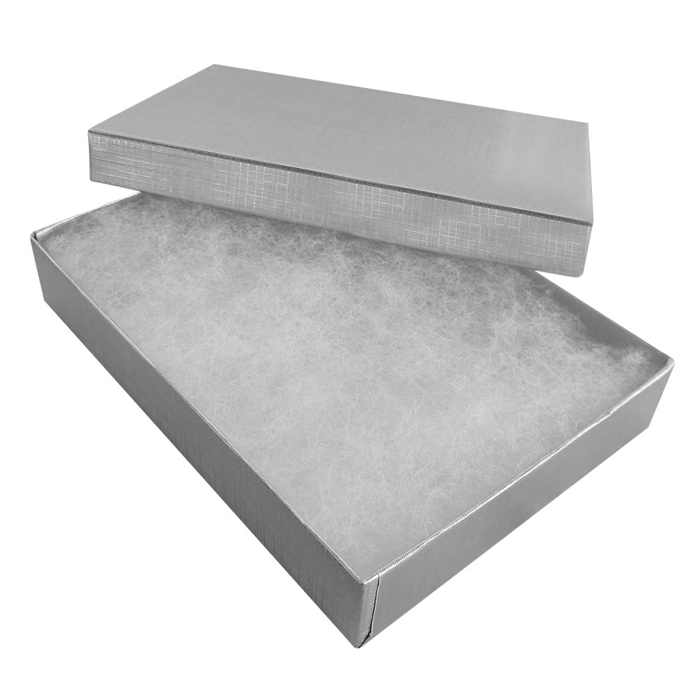 Silver Linen Pattern Paper Cotton Filled Jewelry Gift Boxes #53