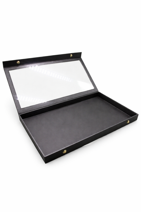 Black Leatherette Snap Close Acrylic Lid Display Tray - 1-1/8" Deep
