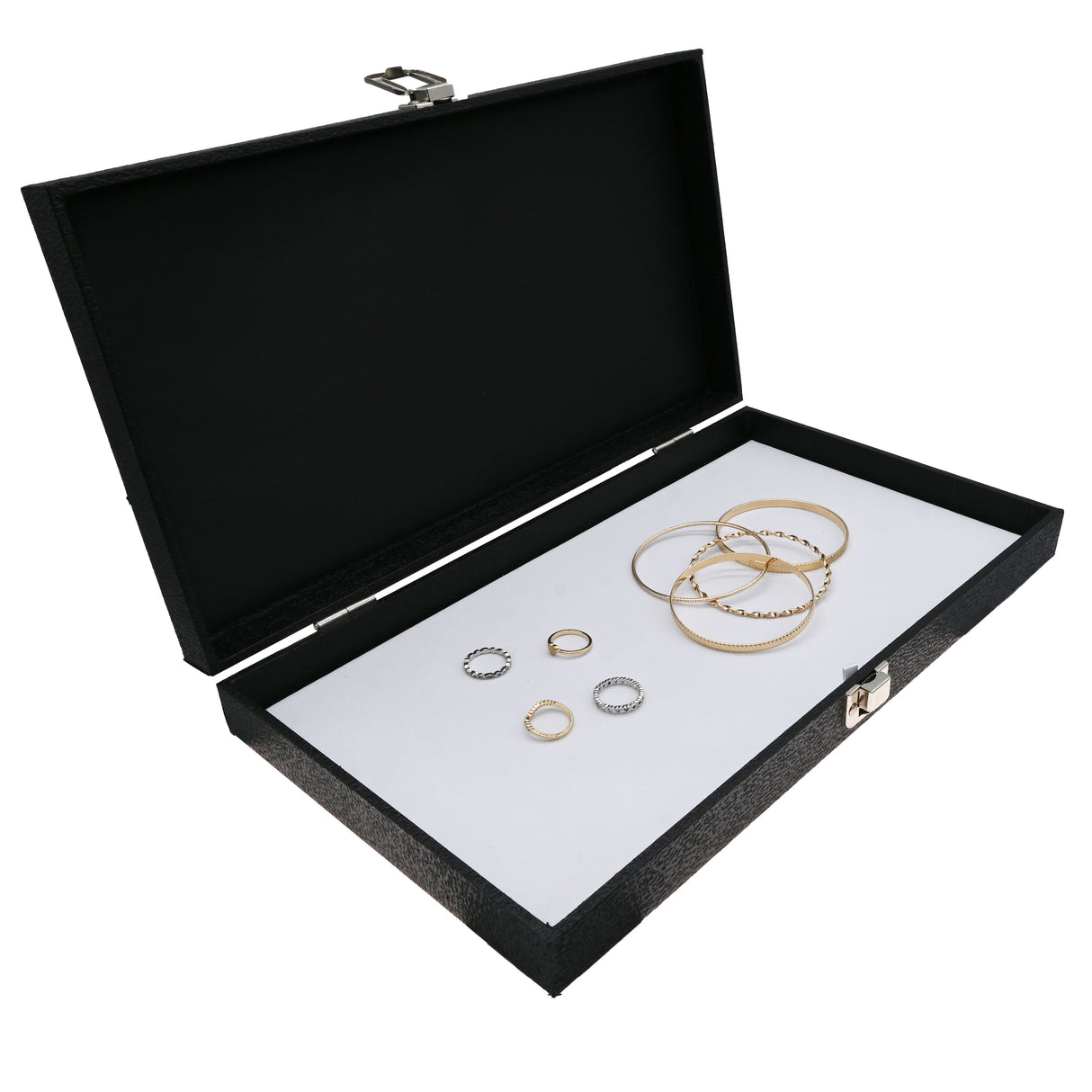 Black Leatherette Jewelry Display Tray with Solid Lid & Metal Clasp