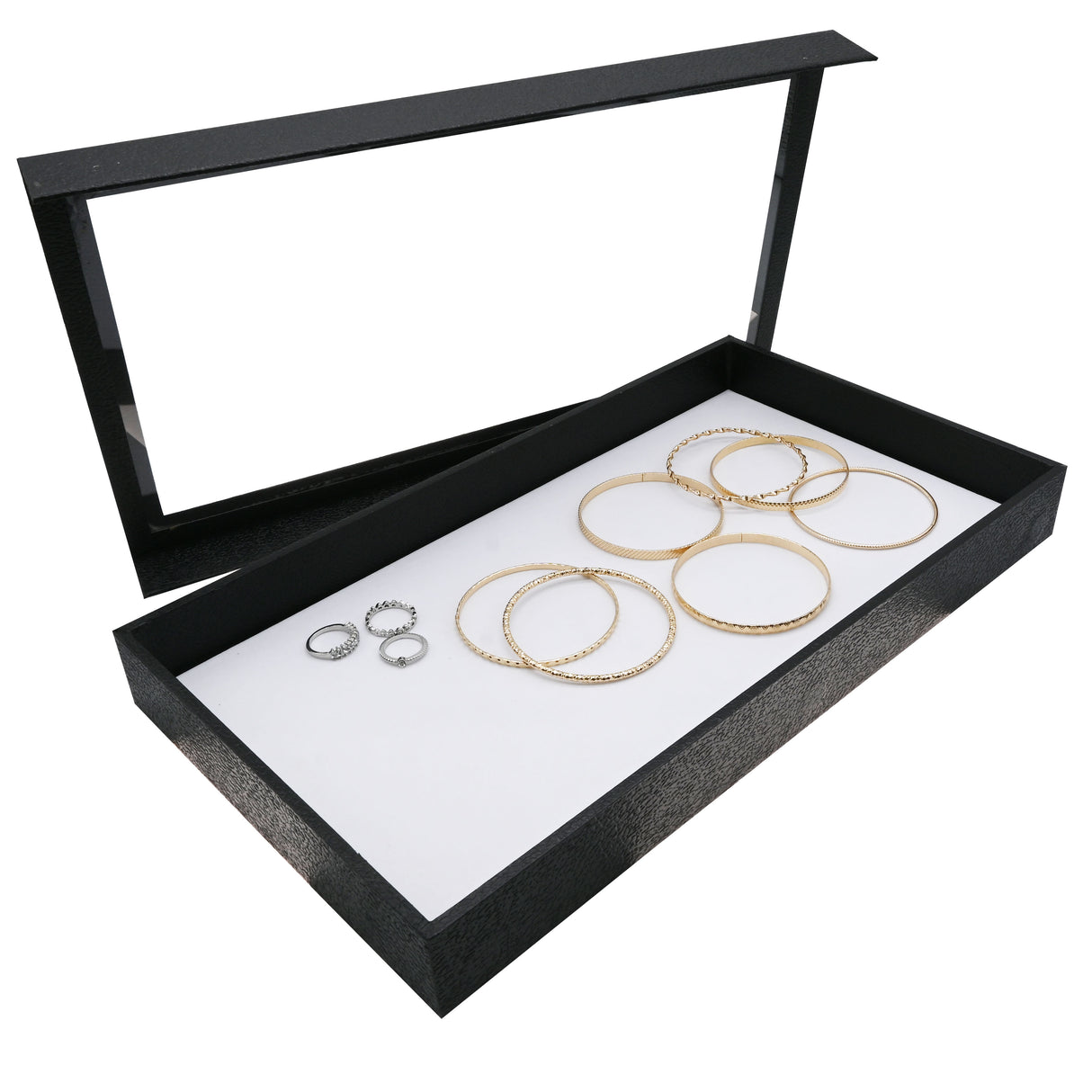 Black Leatherette Jewelry Display Tray with Clear Acrylic Lid, 1" Tall