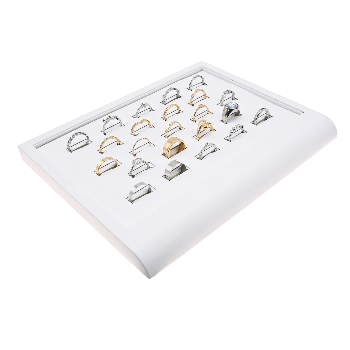 White Leatherette Jewelry Ring Display Tray, Holds 23 Rings