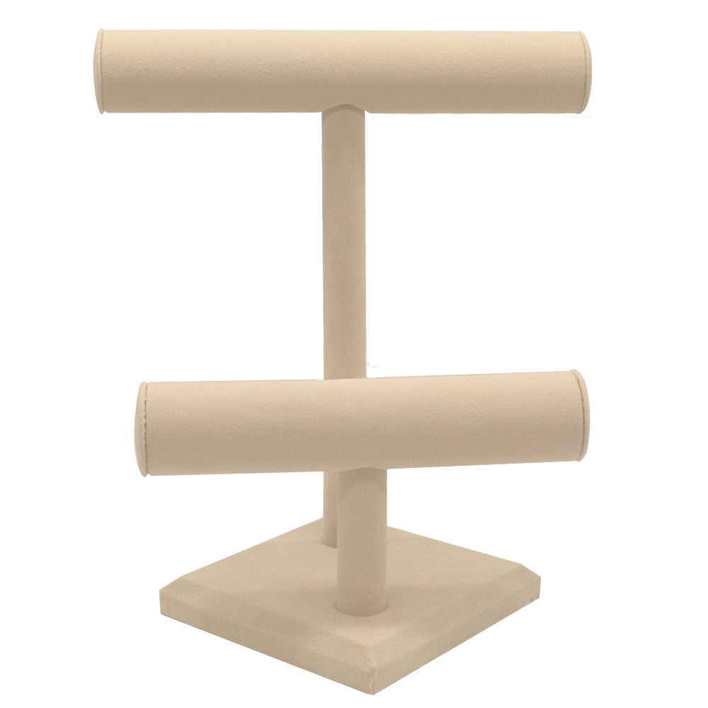 Beige Faux Suede 2 Tier Jewelry T-Bar Display 