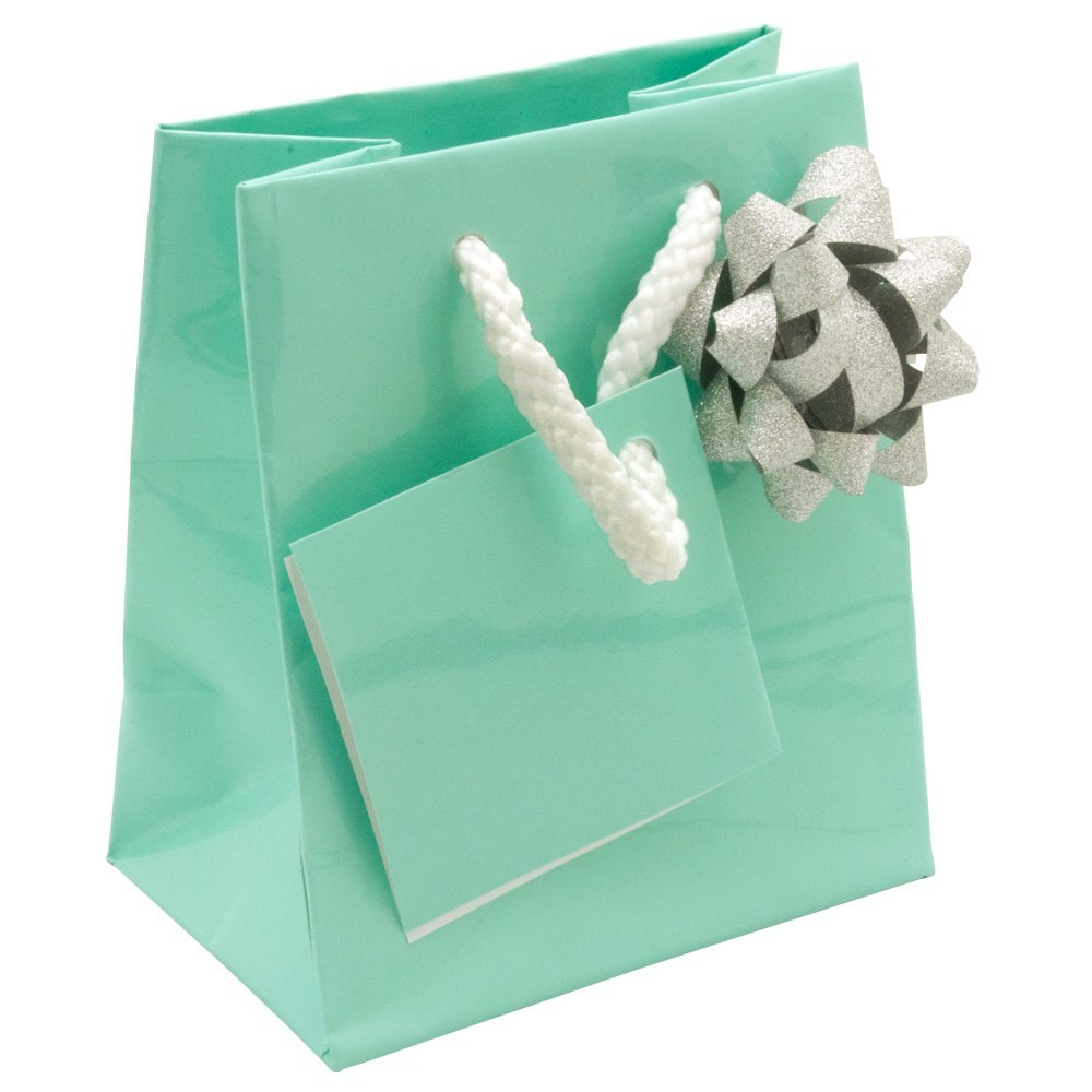 Glossy Teal Gift Shopping Bags with handle, 3" x 2" x 3-1/2" 