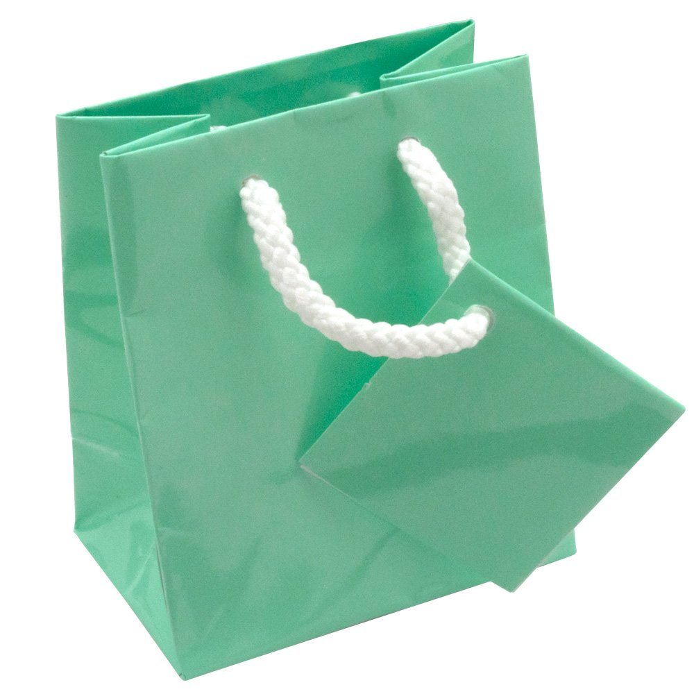 Glossy Teal Gift Shopping Bags with handle, 3" x 2" x 3-1/2" 