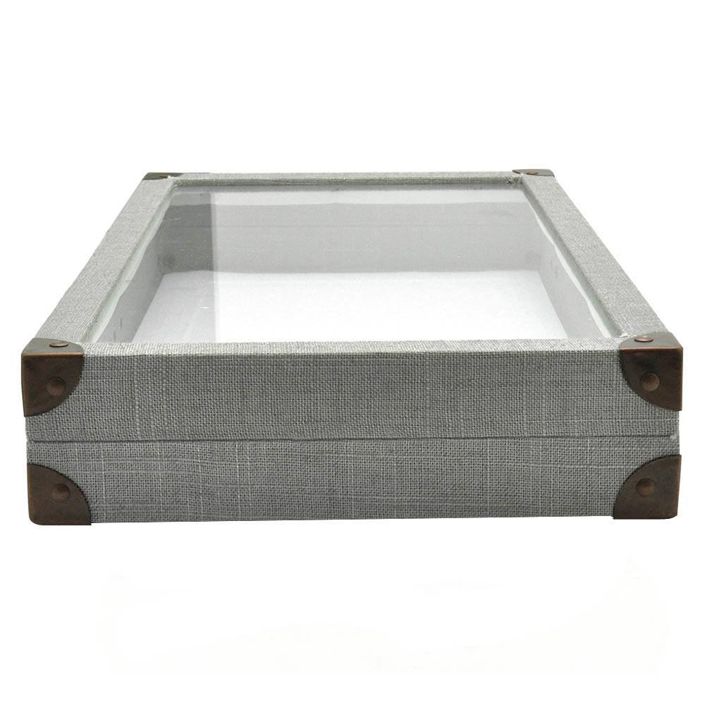 Grey Linen with Glass Lid Jewelry Showcase Display Tray