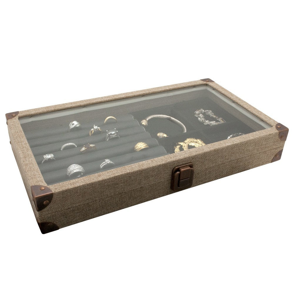 Brown Burlap with Glass Lid Jewelry Showcase Display Tray