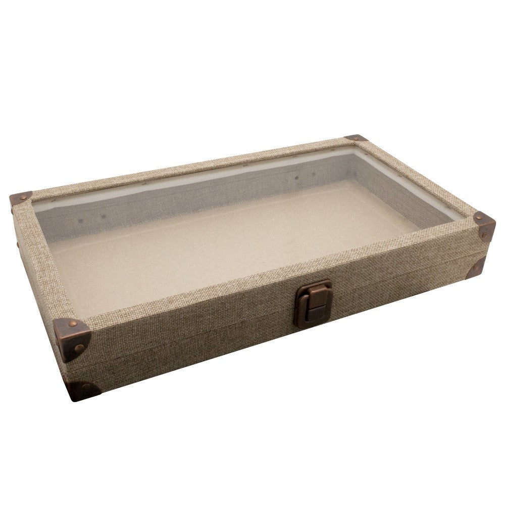 Brown Burlap with Glass Lid Jewelry Showcase Display Tray