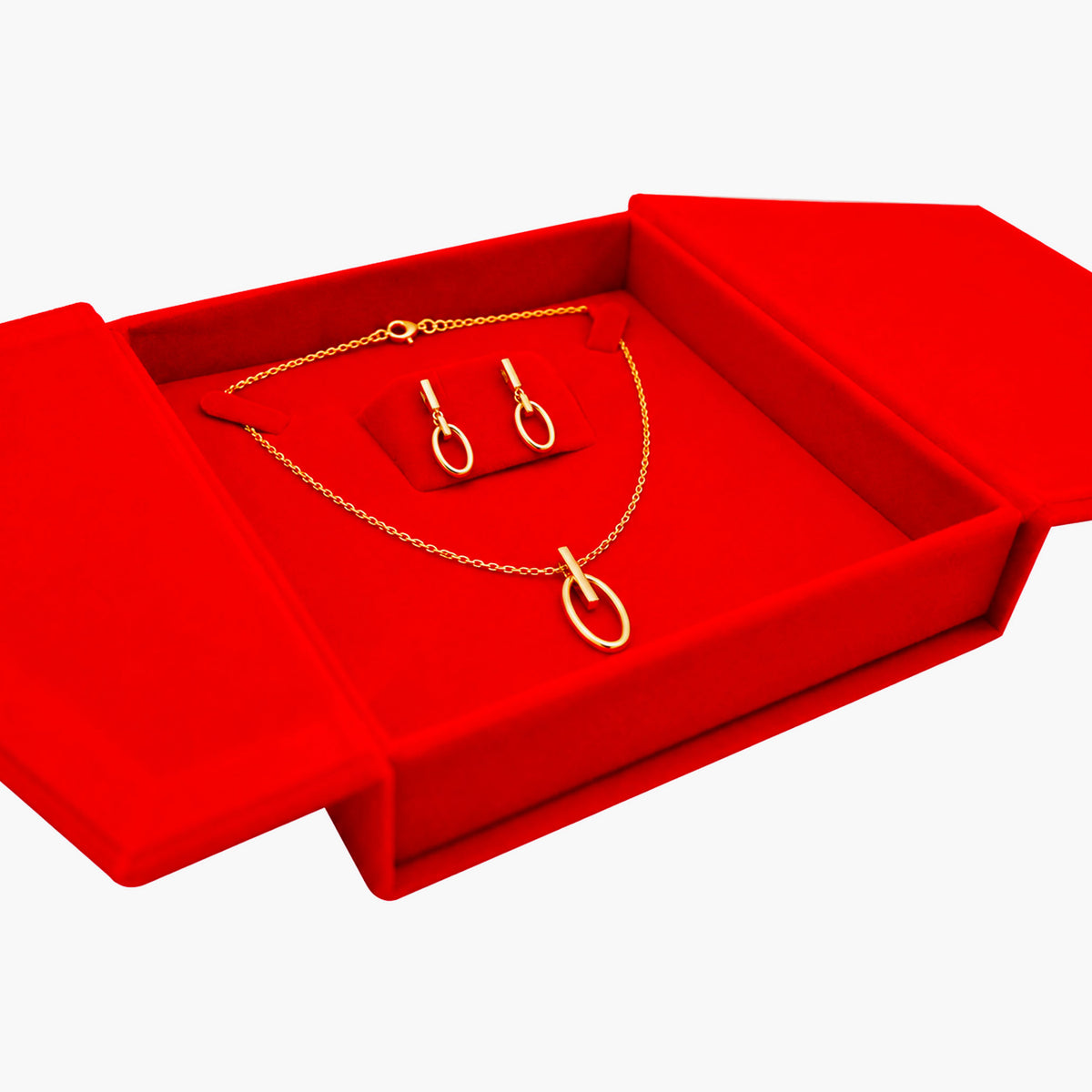Medium Red Velvet Tri-Fold Necklace & Earring Box with Button Closure