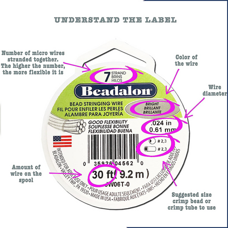 Bead Stringing Wire – 7 Strand, Bright Finish, .024 in (0.61 mm) | 30 ft (9.2 m)