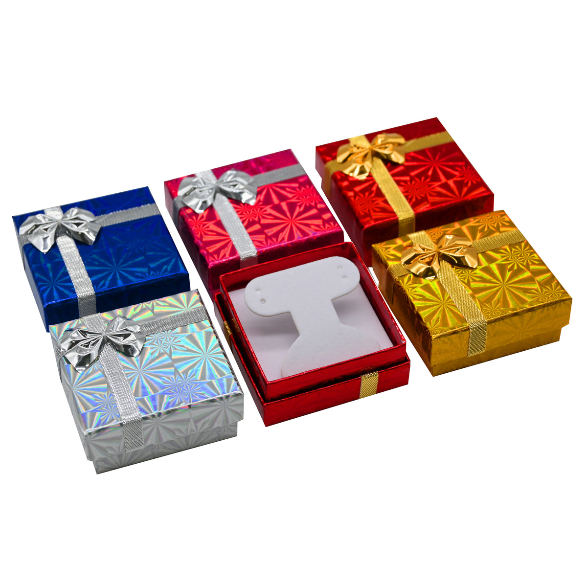 Holographic Mixed Color Jewelry Box with Silver & Gold Bow – Earring & Pendant Box