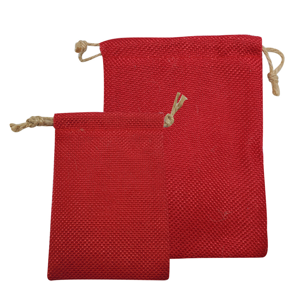 Ruby Red Burlap Drawstring Gift Pouches, 12 Per Pack