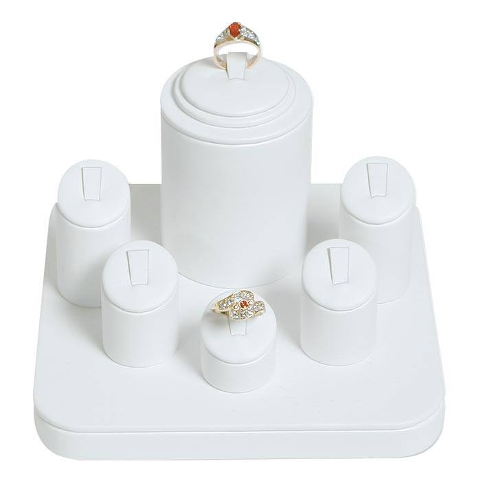 White Leatherette Jewelry Ring Display Stand, Holds 6 Rings 