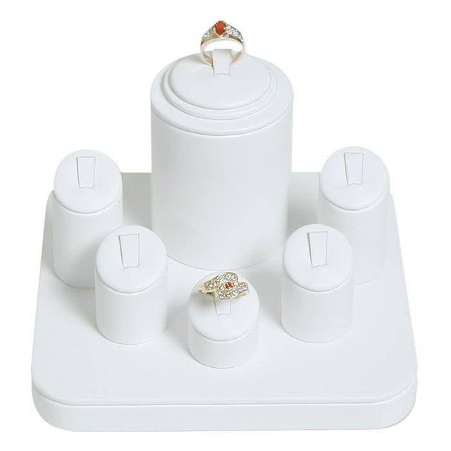 White Leatherette Jewelry Ring Display Stand, Holds 6 Rings 