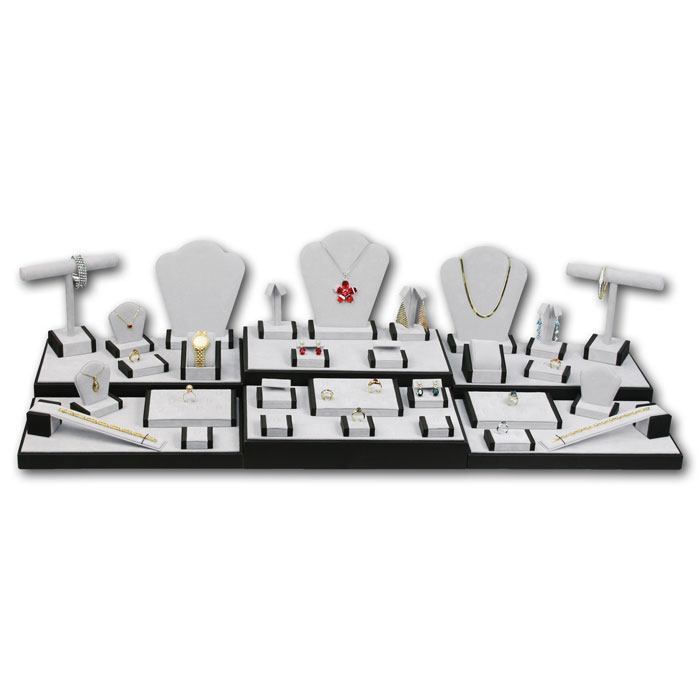 35 Piece Grey Suede and Black Wood Trim Jewelry Display Set