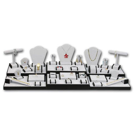 35 Piece Grey Suede and Black Wood Trim Jewelry Display Set